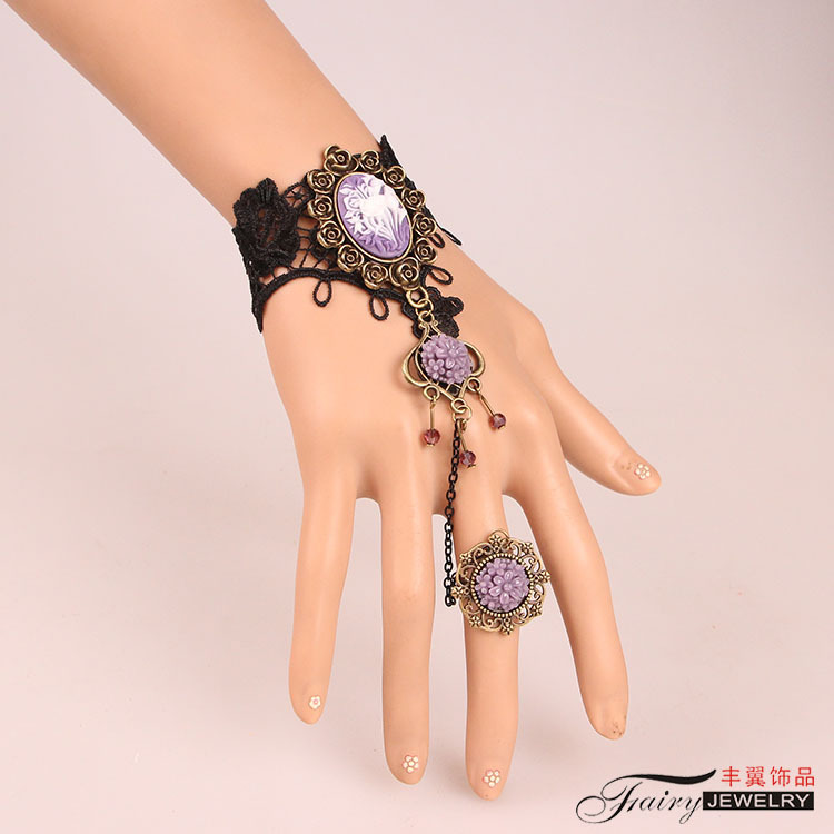 原创BraceletS时尚复古黑蕾丝边手链紫色花女手链带戒指配饰S303