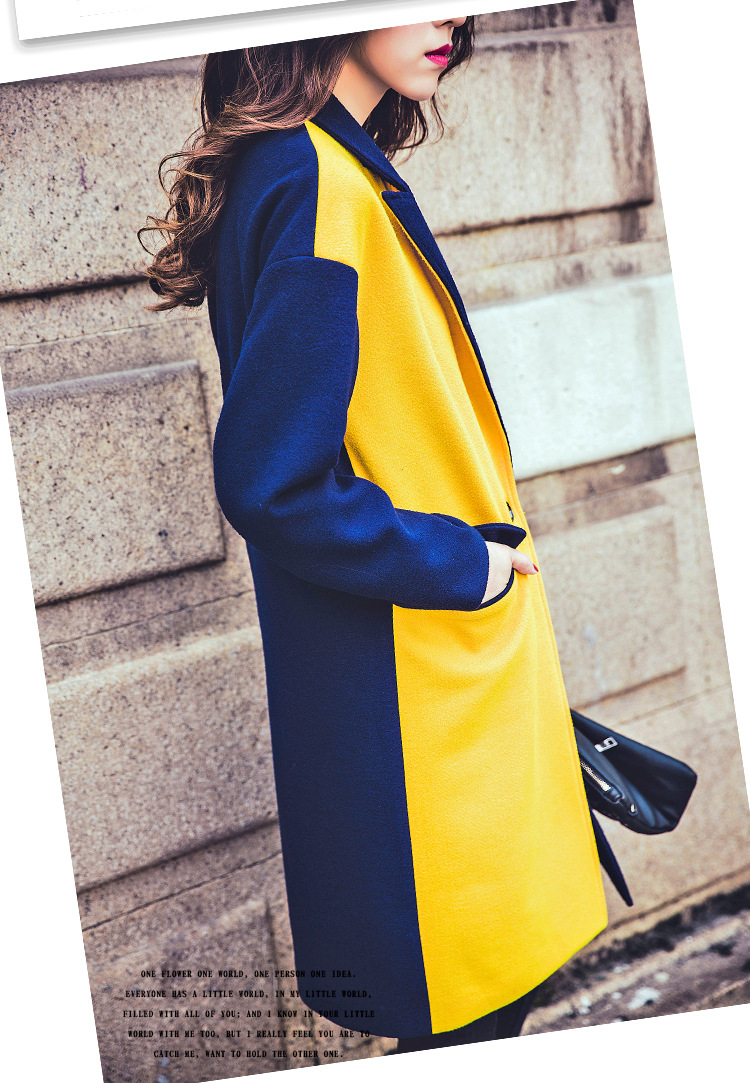 2015新品毛呢大衣休闲女装 长款时尚拼色翻领羊绒外套女式呢大衣