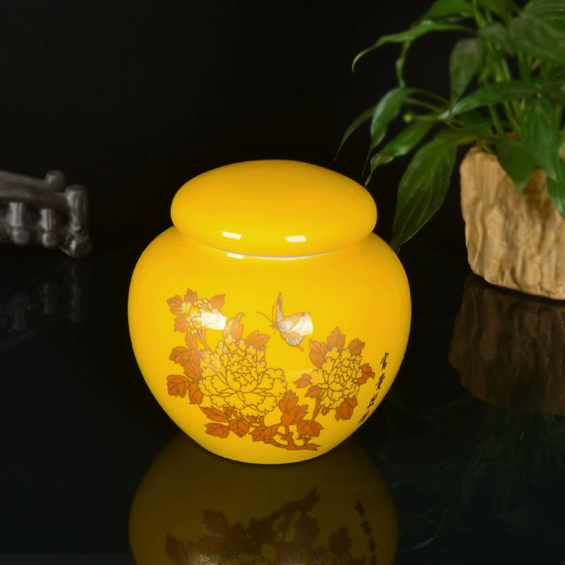 Yellow glaze peony internal thread ceramic honey jar cosmetic paste square jar tea jar porcelain bottle ceramic sealed jar