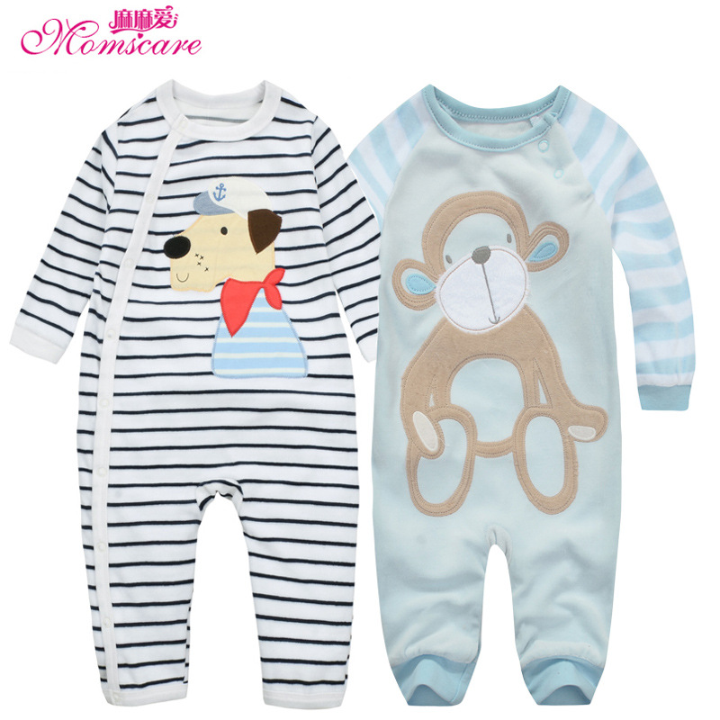 momscare男童天鹅绒保暖长袖长脚哈衣 爬服 新生儿衣服 春季新款