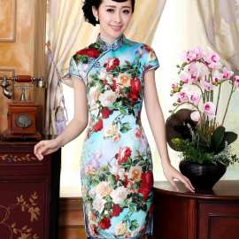 厂家直销真丝复古经典蚕丝喷绘弹力缎修身双层短旗袍Z0021