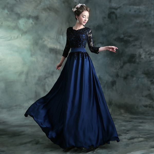 Wholesale long dress new blue black long sleeved bride wedding will perform host dinner