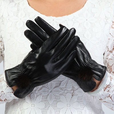 秋冬季 新品女士可愛韓版 水貂毛球 羊皮真皮手套 女式 保暖加厚