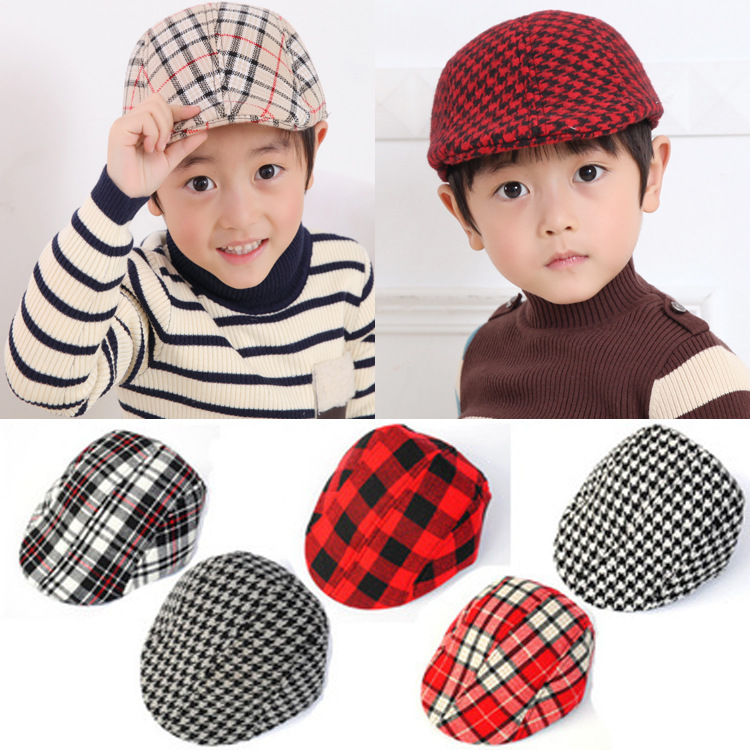 Children's beret children's hat plaid ca...