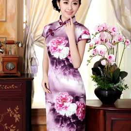 厂家直销新款夏装秋色牡丹纯真丝定位喷绘弹力缎短旗袍 Z0023