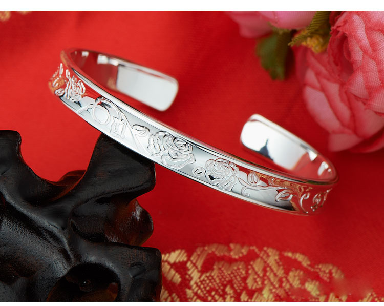 纯银手镯_银龙s999千足银镯子开口玫瑰花纯银