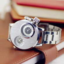 韩国东大门银色双机芯双显双时间金属表盘钢链运动潮男女情侣手表
