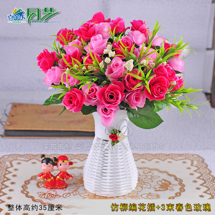 仿柳編+3束春色玫瑰紅粉