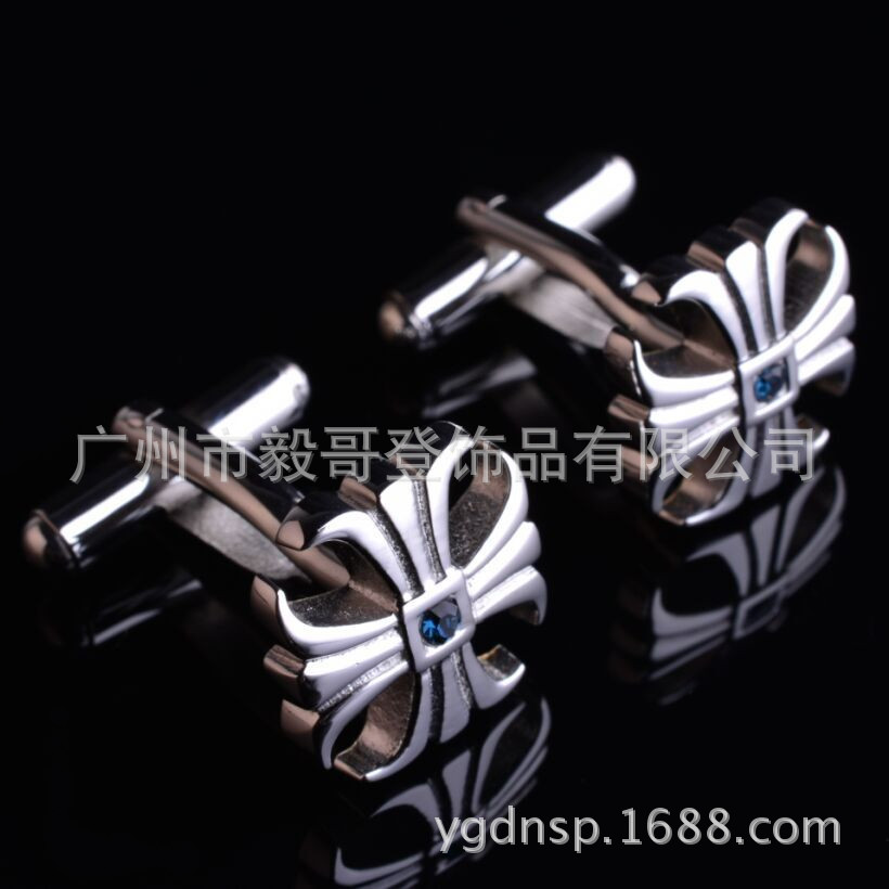 供应A6286-2花形墨蓝色捷克水晶袖扣，不锈钢袖扣，百搭袖扣