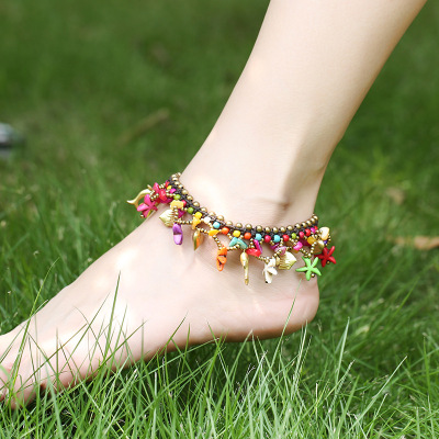 Europe and America Bohemian style Jewelry Cross border Sandy beach Small bell Starfish parts manual weave Anklet