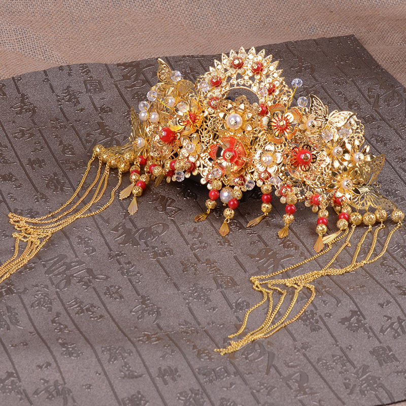 Gold Headband Tiara Crown Chinese Style Wedding Bridal Jewelry Red