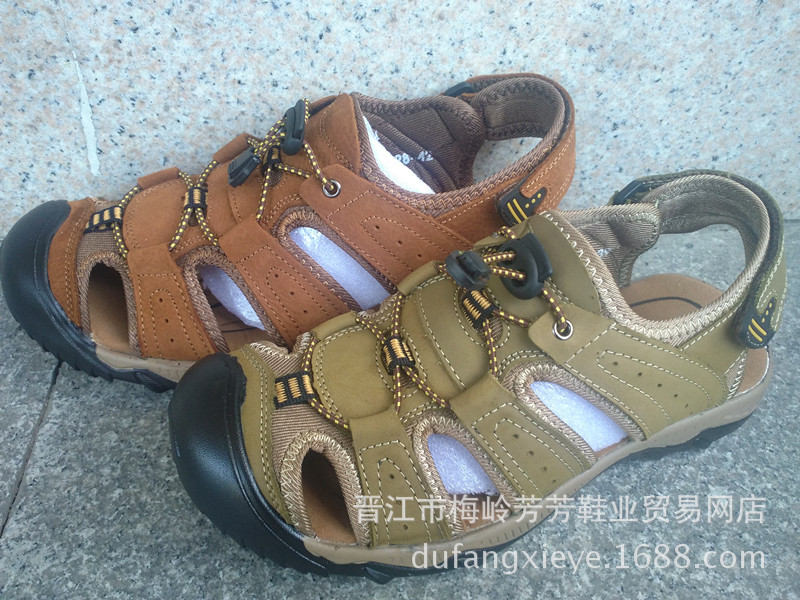 批发15夏新款男士包头凉鞋磨砂真皮镂空魔术贴沙滩鞋