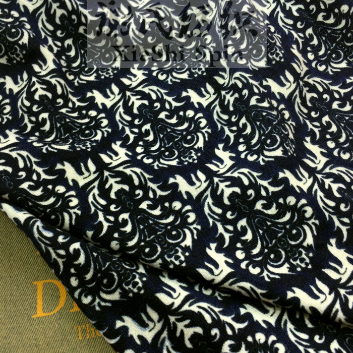 2021秋冬长袖布料 藏青色图腾印花弹力针织 复古打底毛衣开衫面料