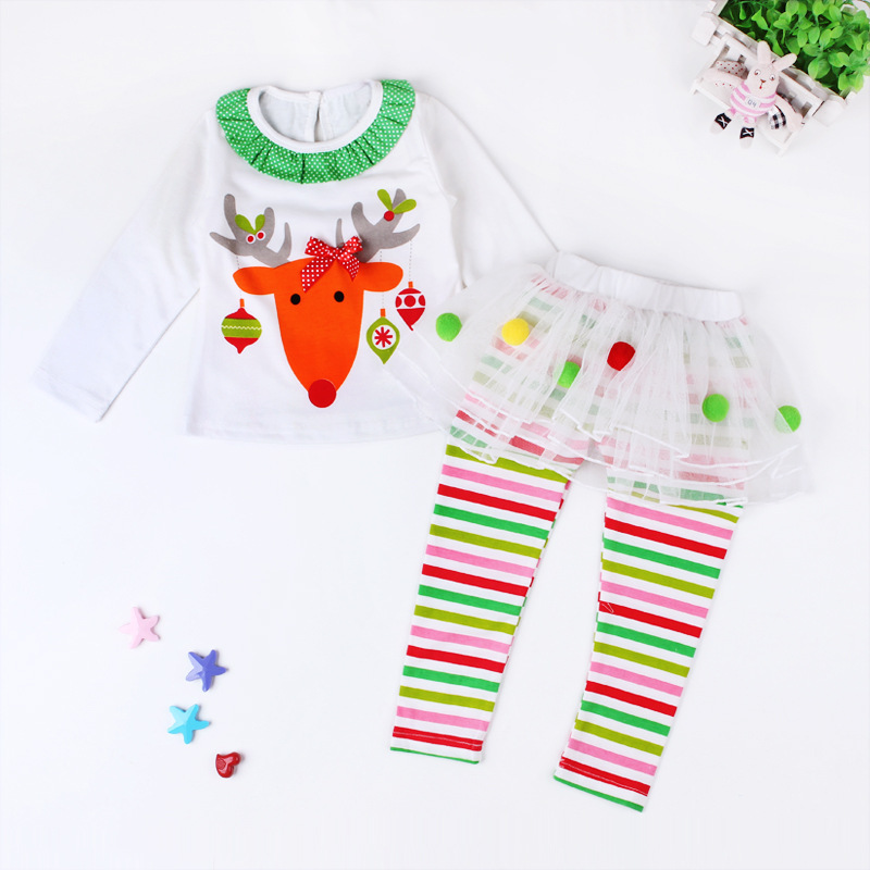 Christmas Girl Elk Print T-shirt + puffy striped pantsuit_viptrois.com