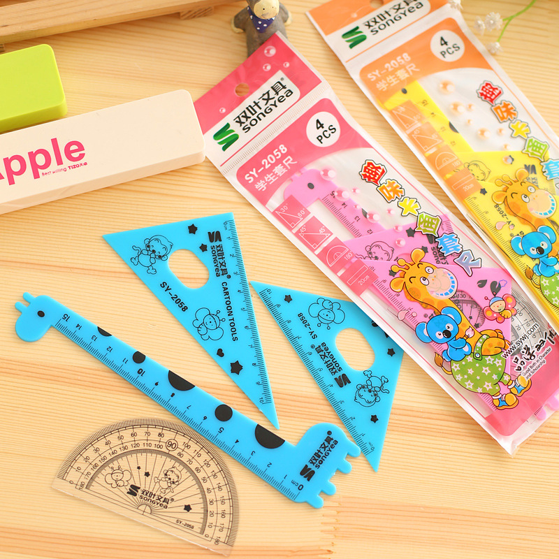 Double-leaf stationery combination set, cartoon ruler, triangle ruler, primary school student drawing school supplies four-piece set wholesale