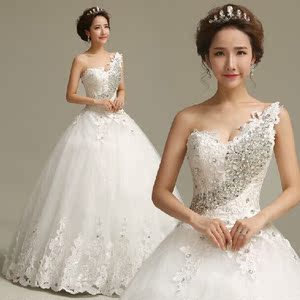 Single shoulder wedding dress Crystal flash drill tube top strap