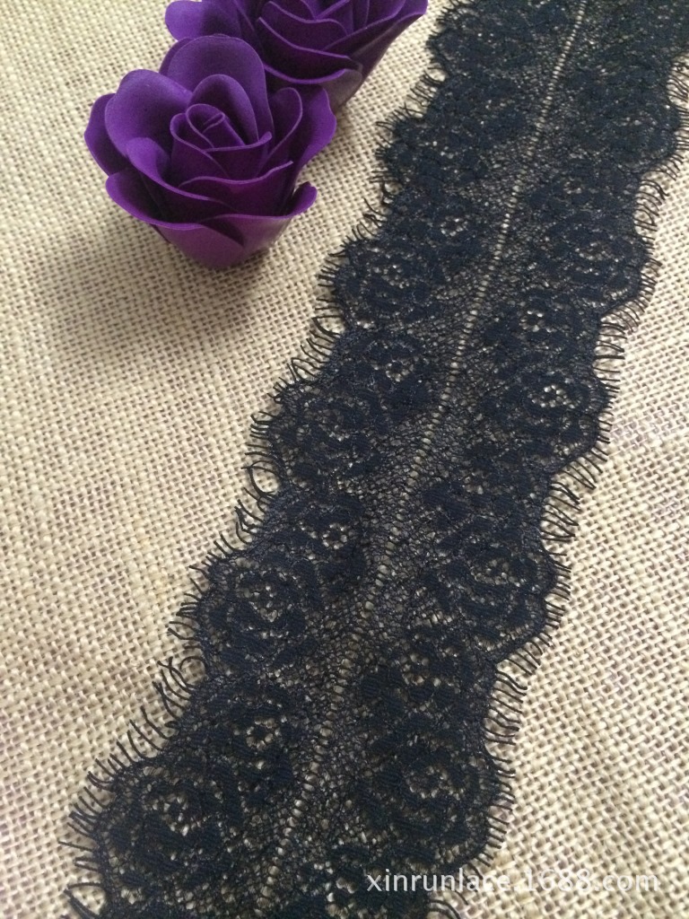玫瑰花睫毛蕾丝花边 锦纶爆款 童装花边 精致蕾丝睫毛 7cm机织黑