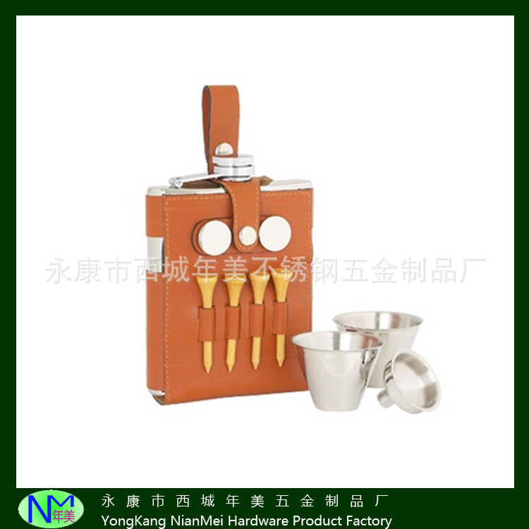 外贸直销PU皮袋不锈钢酒壶高尔夫球标球钉套装