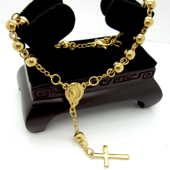 304 Stainless Steel Material Vacuum Plating Real Gold Plated Cross 304 Stainless Steel Titanium Steel Fashion Waterproof Non Tarnish 304 Stainless Steel Rosary Bracelet