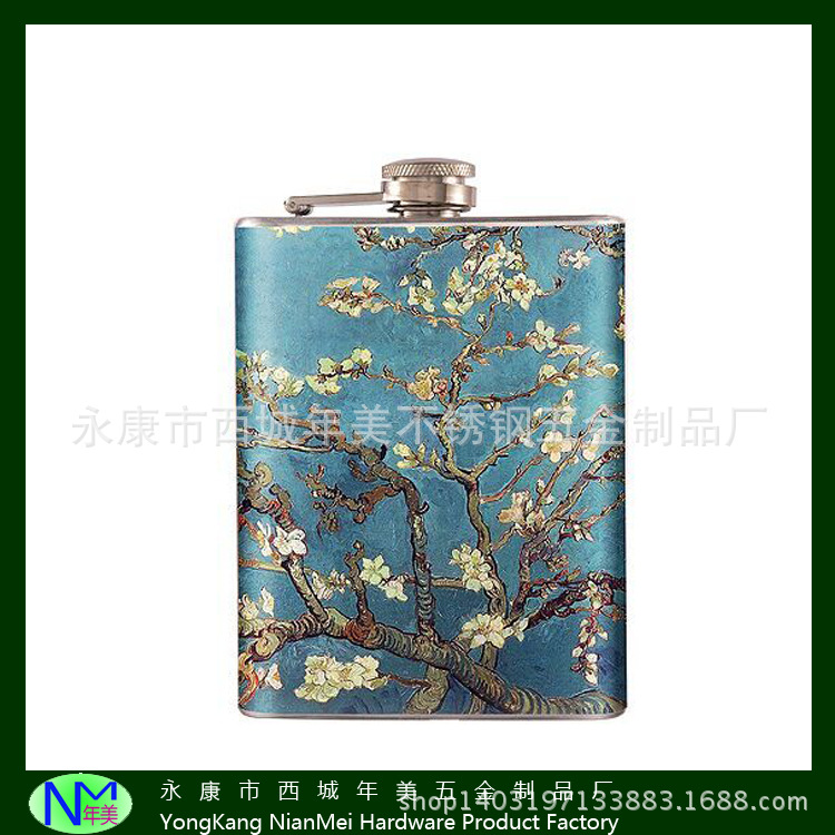 200ml不锈钢外贸酒壶水转印系列印花表面处理威士忌酒壶