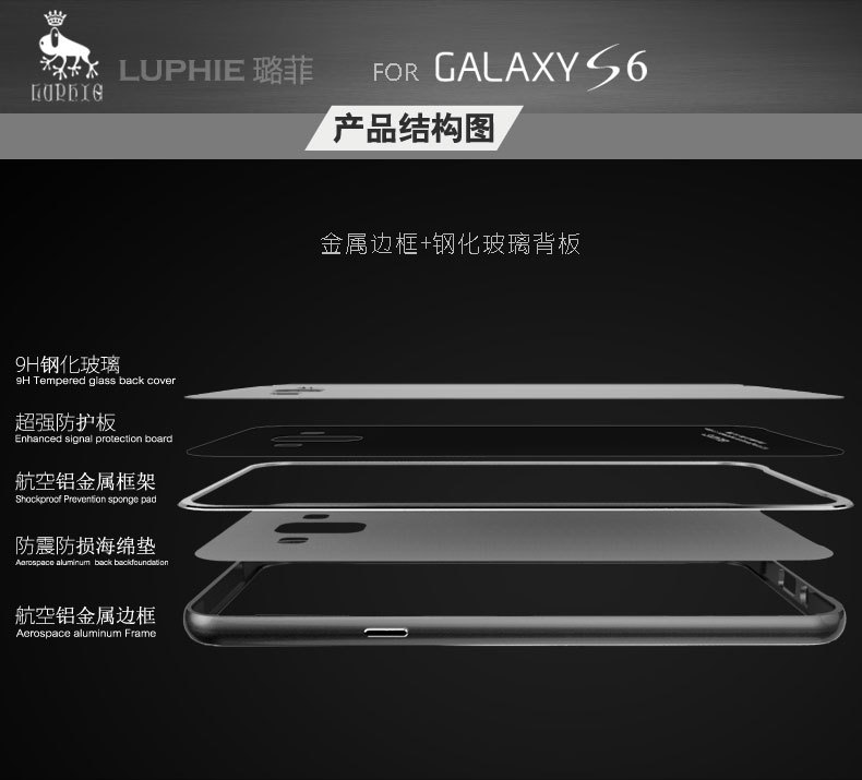 Luphie Aircraft Aluminum Metal Frame 9H Tempered Glass Back Cover Case for Samsung Galaxy S6 G9200