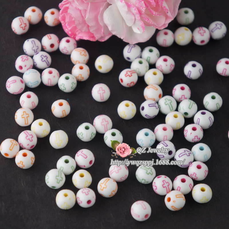 儿童早教益智道具珠子 亚克力白色十字架花纹圆珠diy直孔散珠详情图3