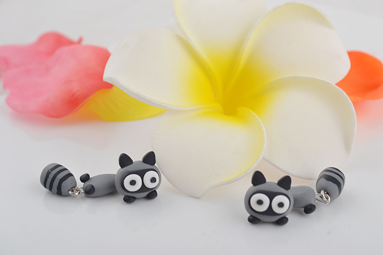 handmade soft ceramic small raccoon earrings cartoon personality split earrings wholesale nihaojewel