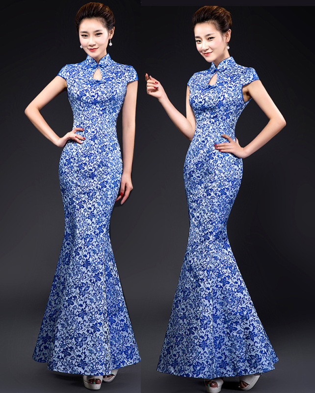 Blue White Porcelain chinese dress oriental qipao Cheongsam Mermaid Evening Dress Annual Meeting Host Performance dresses 