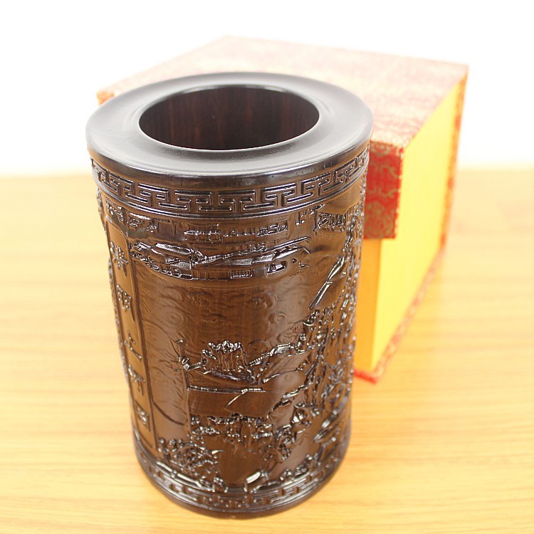 木雕文房四宝雕刻可以加印LOGO木制摆饰木雕清明上河图笔筒精雕品|ru