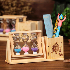 Wholesale 4 Wooden Office Pen Holders, Japanese and Korean Student Stationery Glass Bottles, Wood-Made Sand Timer Mini Decorative Pieces, Sandglass Pen Stand