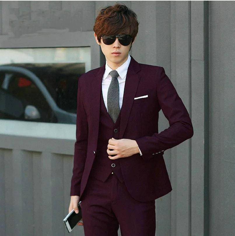 Men's Classic Suit Set (Laiban), Fuchsia Three-Piece, Small Fit, Sizes 160–195