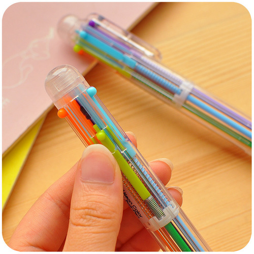 Korean creative stationery, cute multi-color ballpoint pen, transparent rod multi-function press colored oil pen, 6 refills