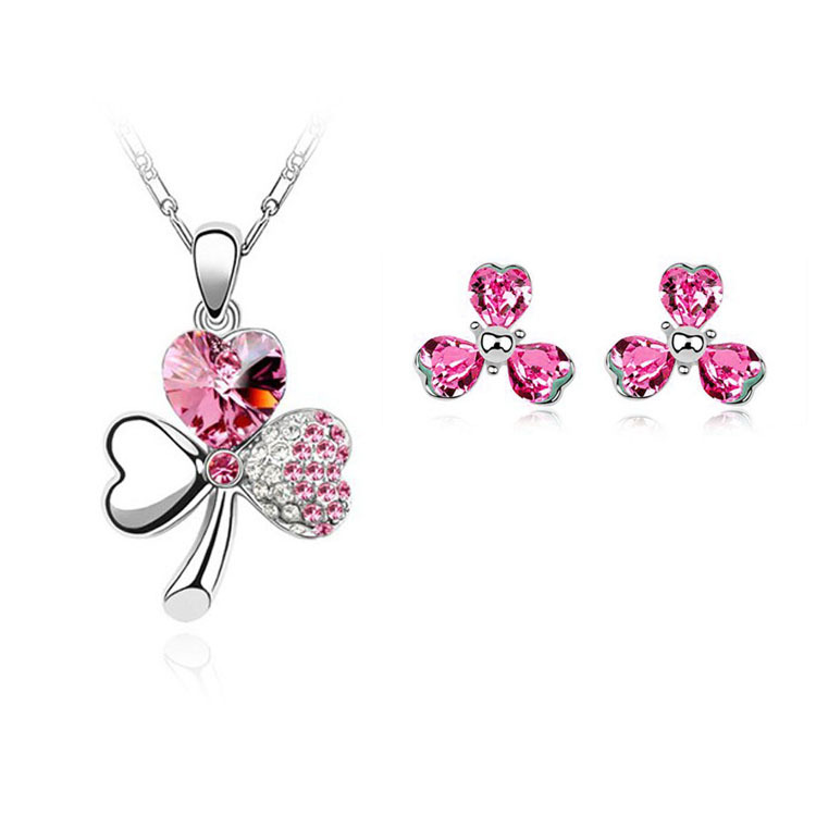 Wholesale Fashion Crystal Jewelry Peach Heart Clover Earring Necklace Set display picture 4