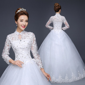 Long sleeved wedding dress in spring new bride Korean big code Lace Wedding Dress