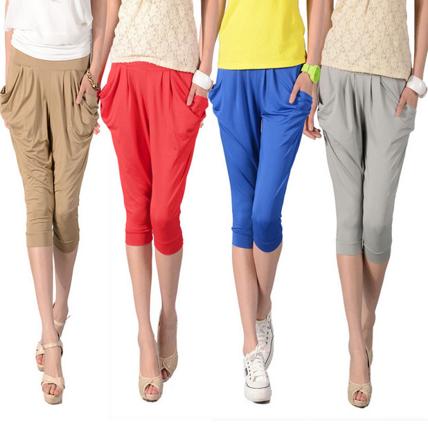 Summer new candy color seven points Ice Silk slimming large size Harlan pants women Korean casual pants manufacturers wholesale