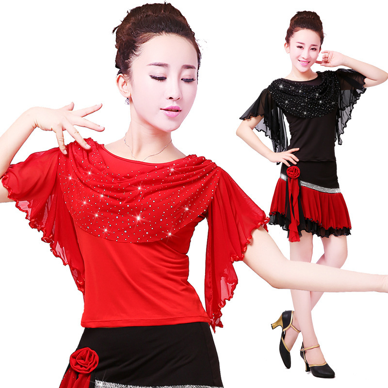 Adult fringe Latin dance tops ballroom salsa rumba chacha dance clothing modern ballroom dancing shirts flowy sleeves for woman