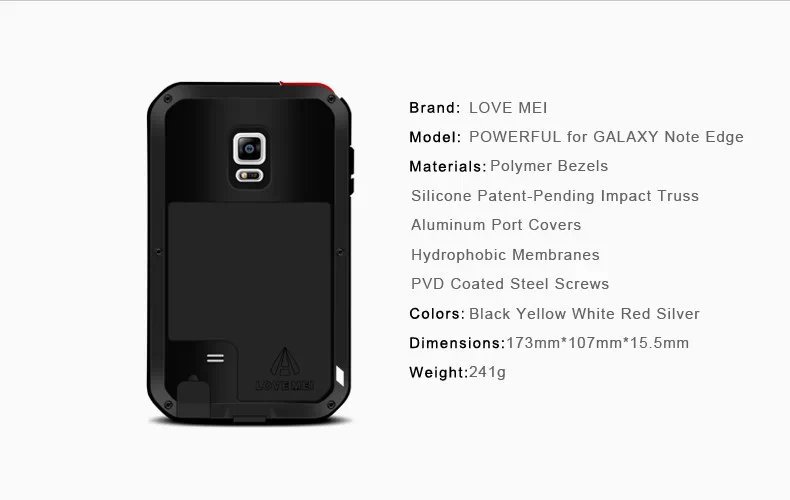 LOVE MEI Powerful Water Resistant Shockproof Dust/Dirt/Snow Proof Aluminum Metal Outdoor Heavy Duty Case Cover for Samsung Galaxy Note Edge