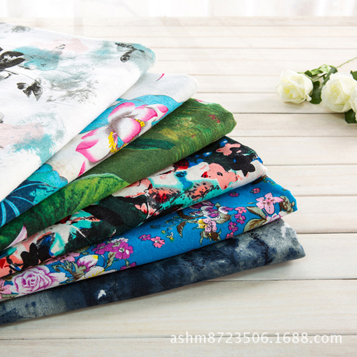 秋季棉麻连衣裙布料 春夏服装面料批发 水墨印花中国风荷花布