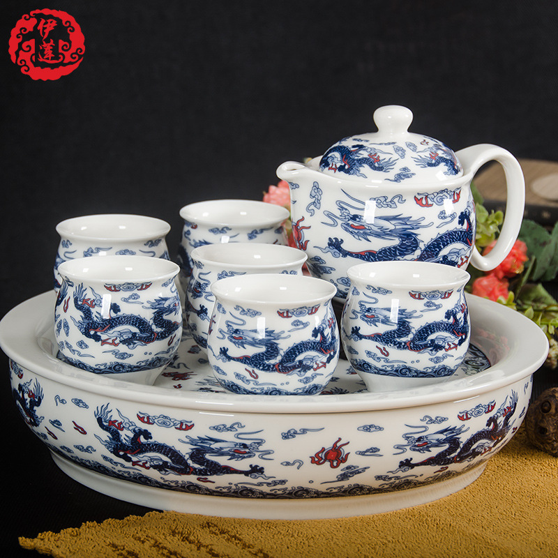 新款景德镇陶瓷 8头优级青花双层隔热茶具套装茶壶茶杯|ru