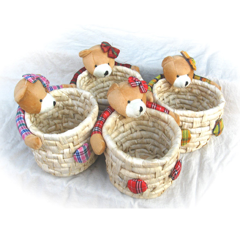 27525手工编制玉米皮小熊草编动物批发 可作办公创意新奇特高笔筒|ms