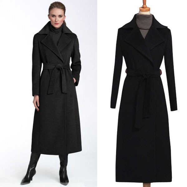 Fashion suit collar super-long tied woolen overcoat