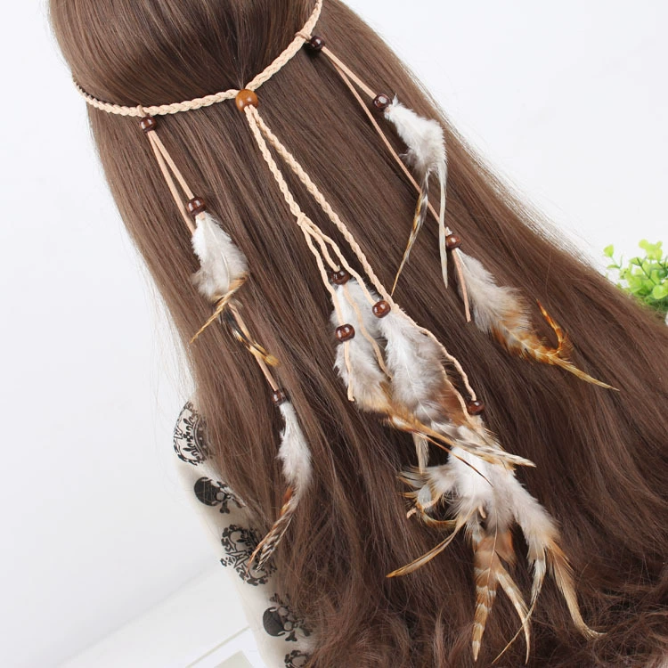 Handmade Boho Feather Headband, Ethnic Indian Hair Accessory, Adjustable with Wooden Beads