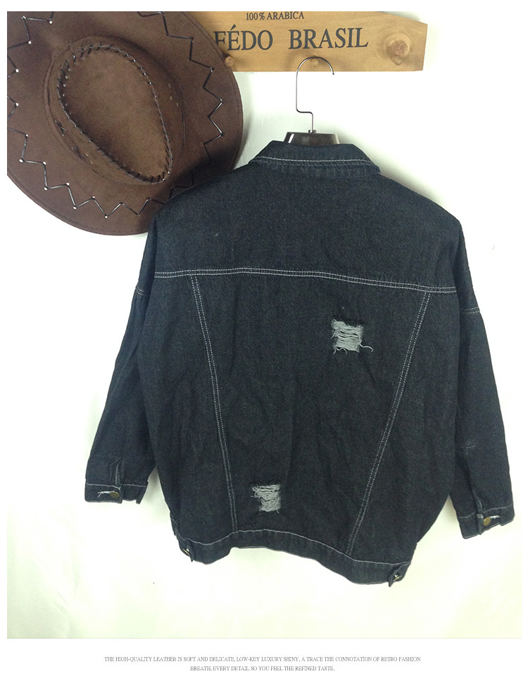 單排扣牛仔衣 新款女士韓版翻領短款上衣 寬松長袖破洞牛仔外套