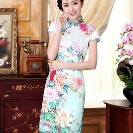 厂家直销新款夏装秋色牡丹纯真丝定位喷绘弹力缎短旗袍 Z0020