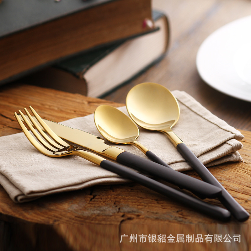 银貂 304不锈钢黑柄刀叉 北欧镜面黑金刀叉勺 拉丝手柄西餐餐具-阿里巴巴