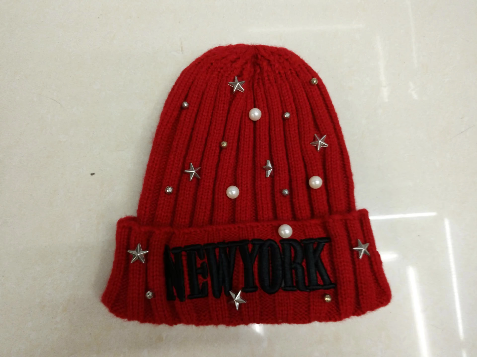 Бисерная игла жемчуг, шерстяная теплая knitted шапка с буквами