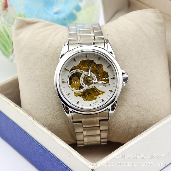 韩版时尚全自动镂空机械手表男士三眼时装钢带腕表厂家潮流爆款