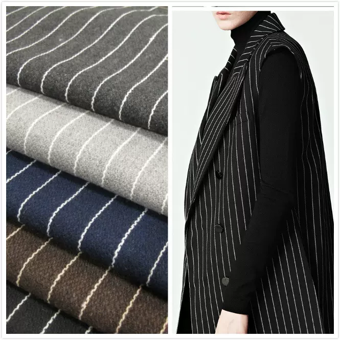 现货批发 粗纺梭织条纹毛呢 直条呢鞋帽套装呢料