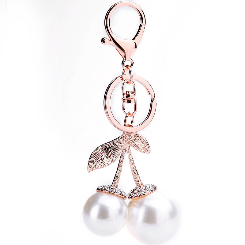 Rhinestone Pearl Cherry Keychain Metal Car Pendant display picture 2