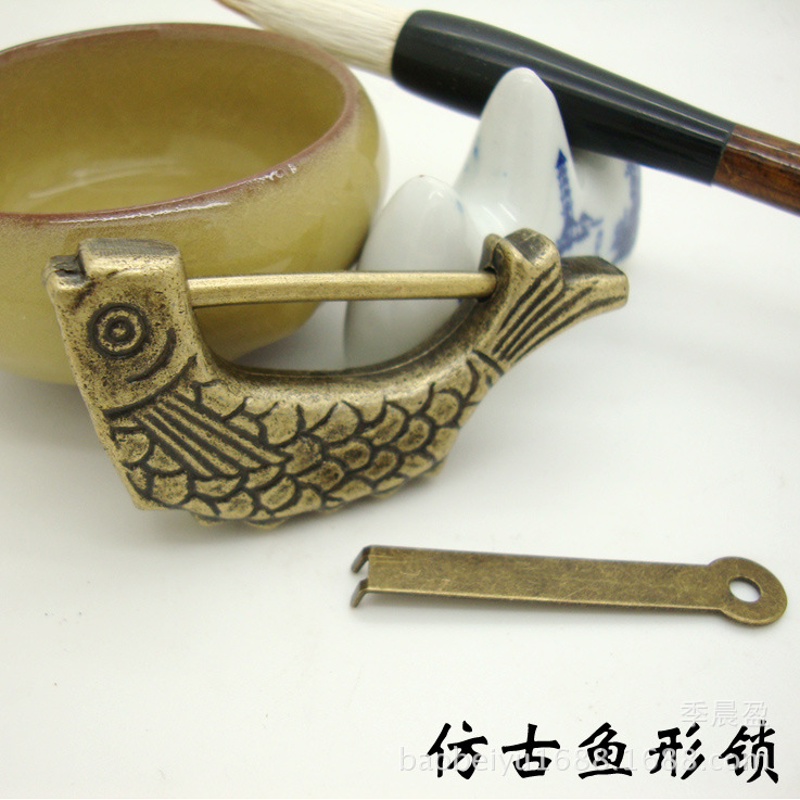 鱼 仿古锁头锁具老式铜锁古董锁如意锁五金间距3.2|ru